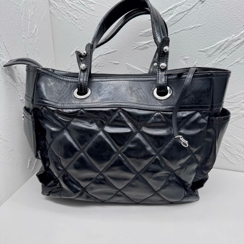 Chanel 中古黑色漆皮菱格紋單肩包托特包-10