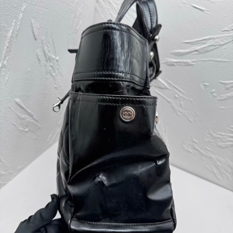 Chanel 中古黑色漆皮菱格紋單肩包托特包-11