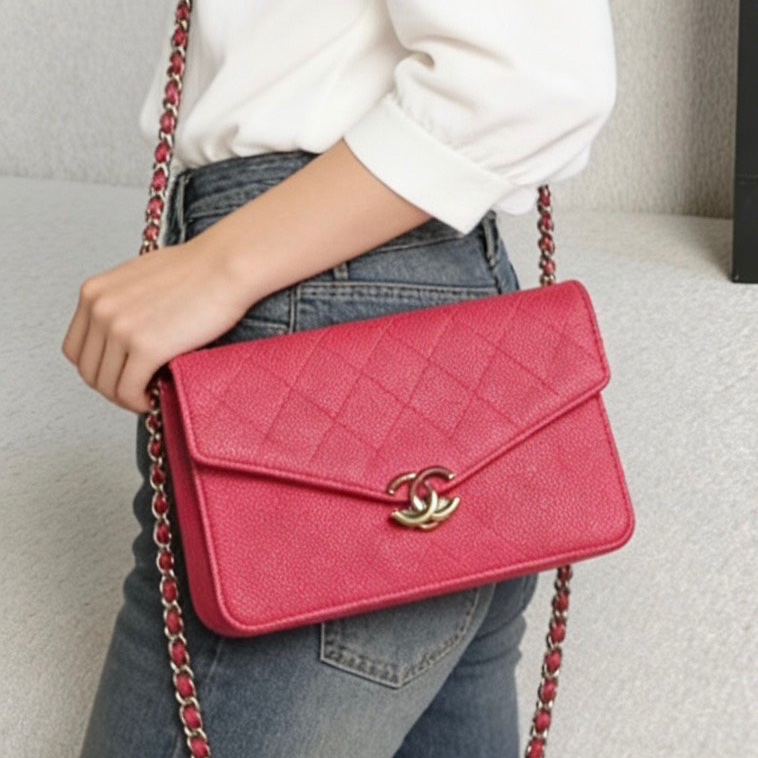 Chanel 古巴系列woc玫紅色 金扣 荔枝皮98新配件塵袋保卡-0