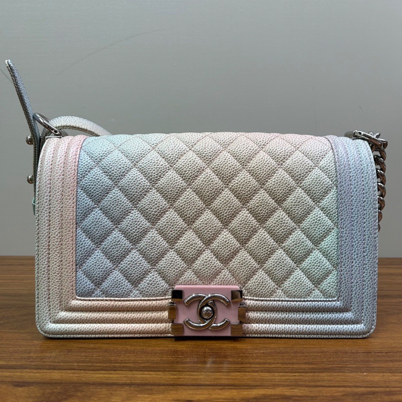CHANEL Leboy漸變彩虹菱格紋牛皮銀扣肩背斜背包1eboy25*16*8.5 98新配件塵袋-1