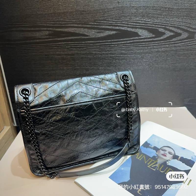 YSL 黑復古牛皮黑釦Niki 中型肩背斜背包-1