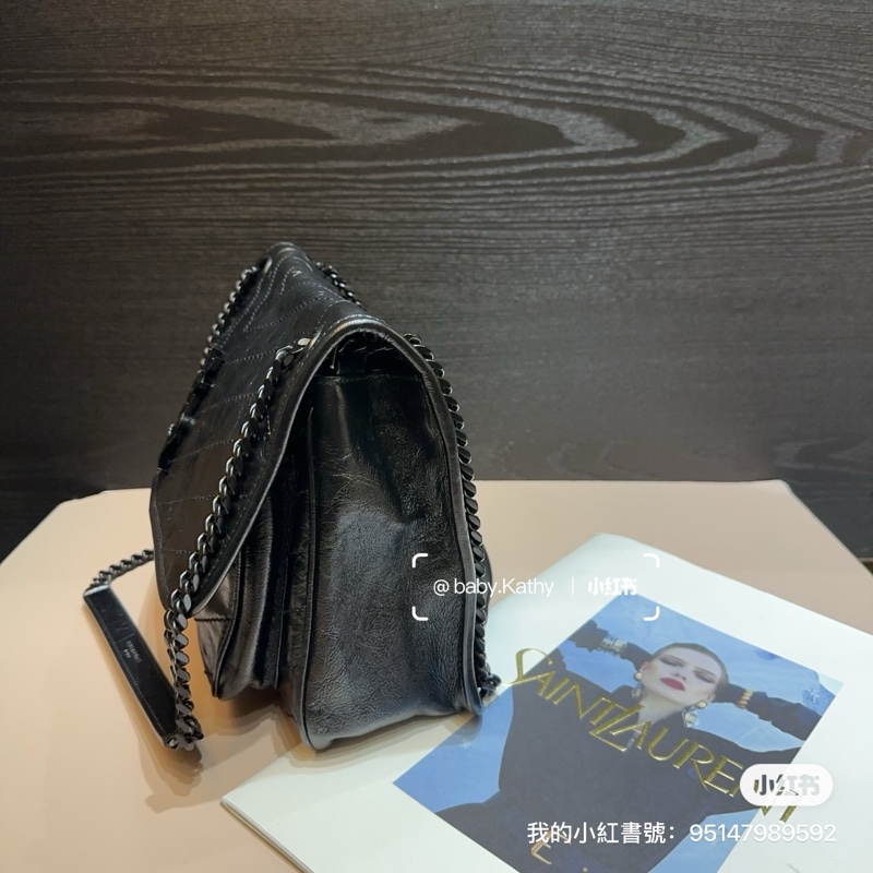 YSL 黑復古牛皮黑釦Niki 中型肩背斜背包-2