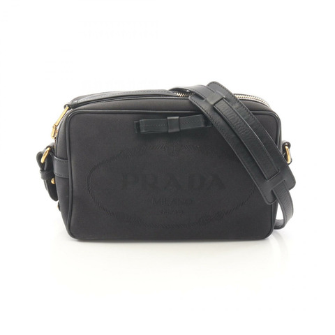 PRADA LOGO JACQUARD Logo 肩挎包 1BH089 帆布皮革 黑色 二手