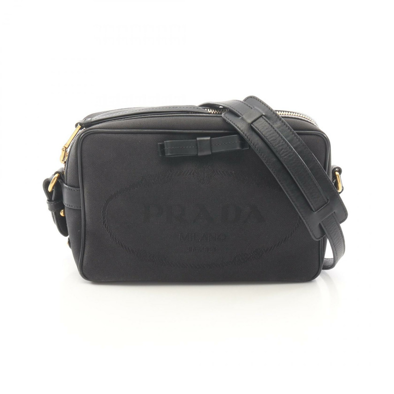PRADA LOGO JACQUARD Logo 肩挎包 1BH089 帆布皮革 黑色 二手-0