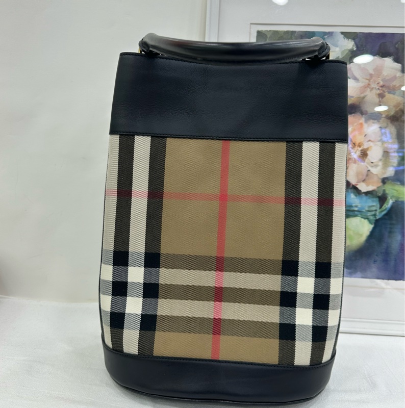 Burberry博柏利 帆布格紋水桶包 手提單肩腋下-3