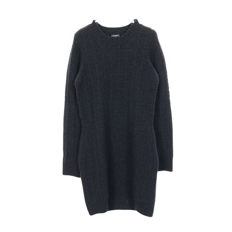香奈兒 COCO 標誌紐帶連身裙 P75622K10839 羊毛羊絨混紡海軍藍二手 #34 女士 CC-0