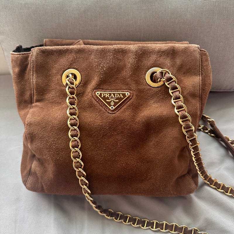 絕美極品！Prada 麂皮金棕降落傘「小號」-2