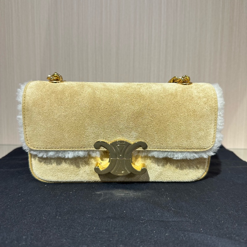 CELINE賽琳 T 凱旋門金扣天鵝絨小牛皮 單肩包 駝色-0