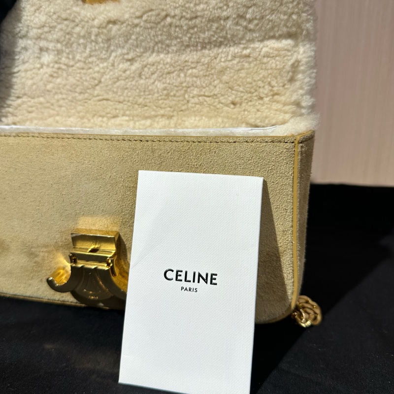 CELINE賽琳 T 凱旋門金扣天鵝絨小牛皮 單肩包 駝色-7