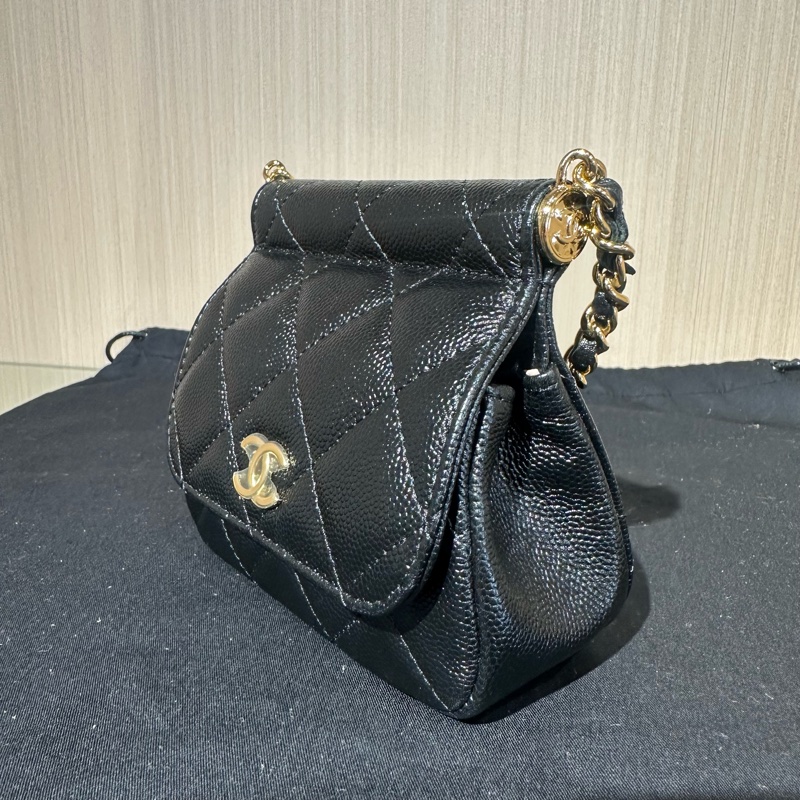 CHANEL香奈兒 22K菱格魚子醬小廢包迷你 黑色-2