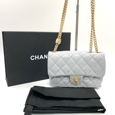【極美私藏】Chanel 藍灰色金球23b小金柱菠蘿扣 晶片款風琴包