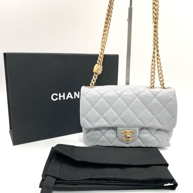 【極美私藏】Chanel 藍灰色金球23b小金柱菠蘿扣 晶片款風琴包-0