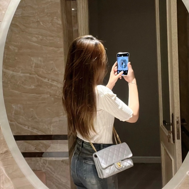 【極美私藏】Chanel 藍灰色金球23b小金柱菠蘿扣 晶片款風琴包-4