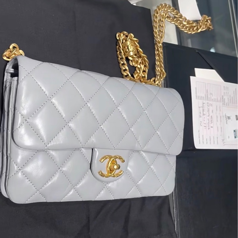 【極美私藏】Chanel 藍灰色金球23b小金柱菠蘿扣 晶片款風琴包-5