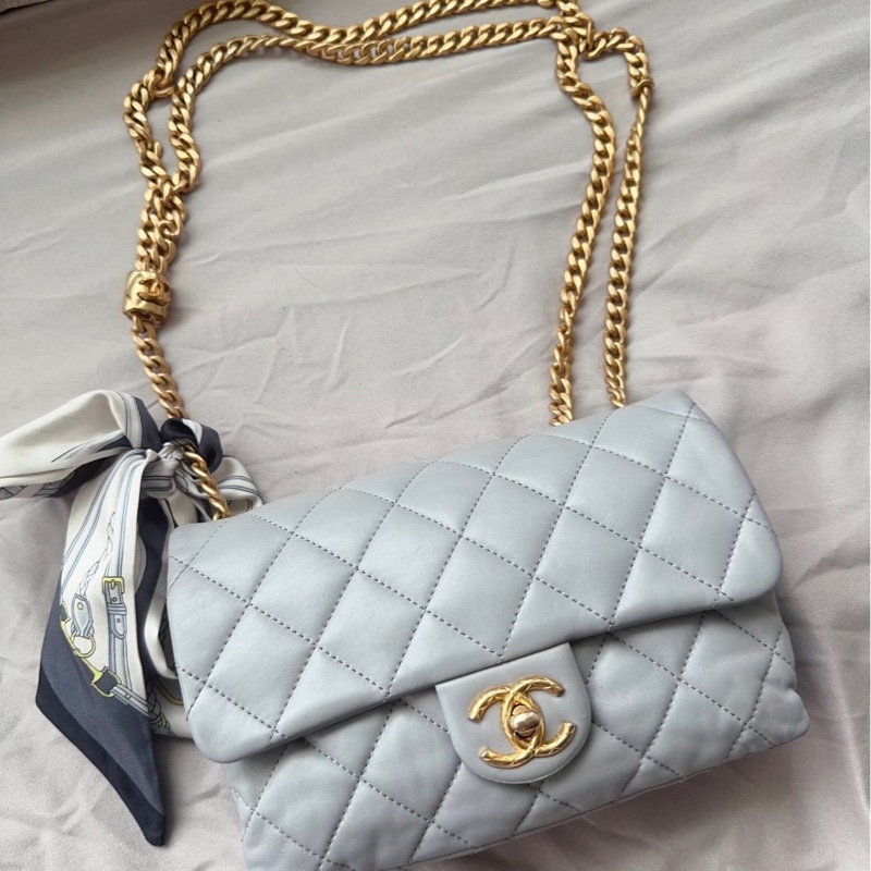 【極美私藏】Chanel 藍灰色金球23b小金柱菠蘿扣 晶片款風琴包-16