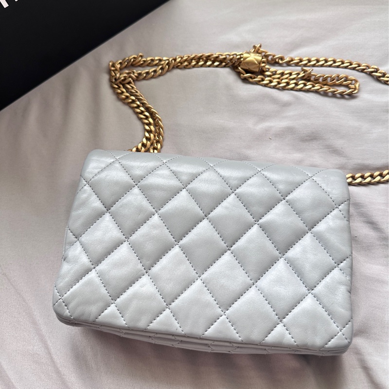 【極美私藏】Chanel 藍灰色金球23b小金柱菠蘿扣 晶片款風琴包-29