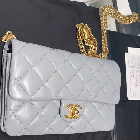 【極美私藏】Chanel 藍灰色金球23b小金柱菠蘿扣 晶片款風琴包