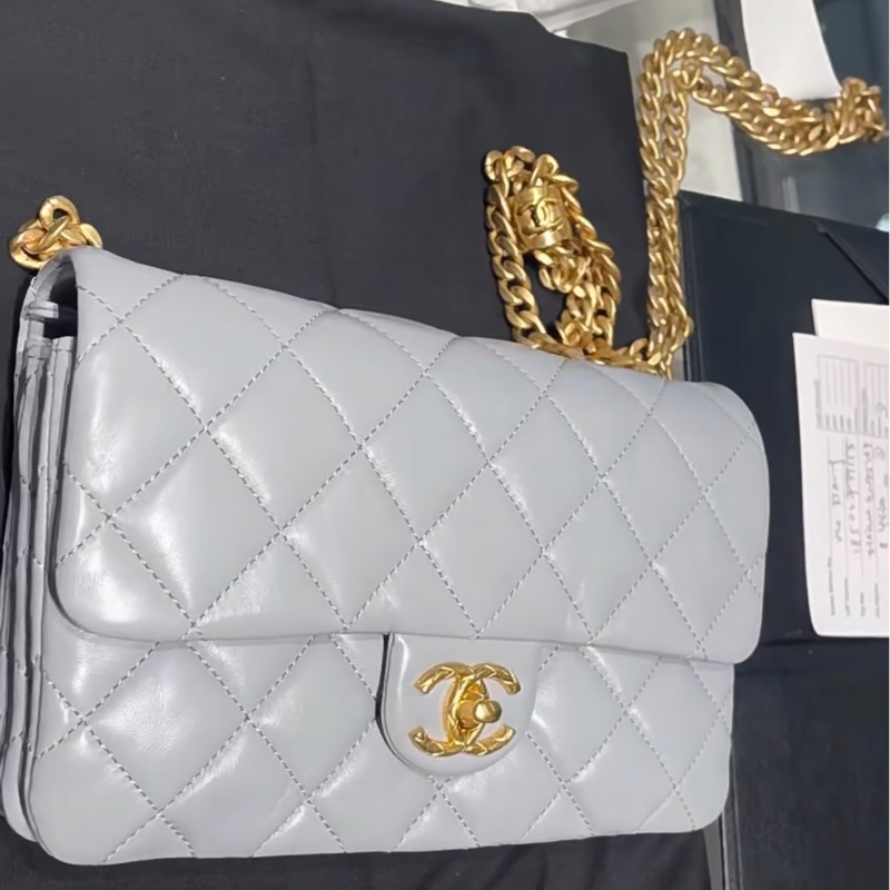 【極美私藏】Chanel 藍灰色金球23b小金柱菠蘿扣 晶片款風琴包-0