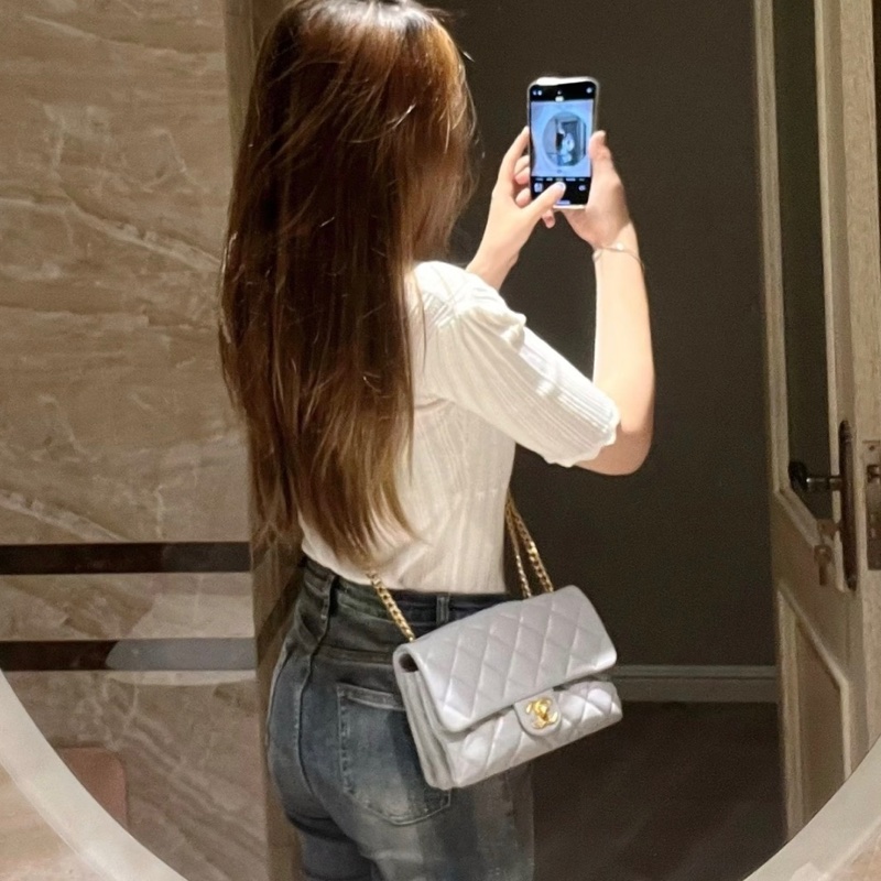 【極美私藏】Chanel 藍灰色金球23b小金柱菠蘿扣 晶片款風琴包-3