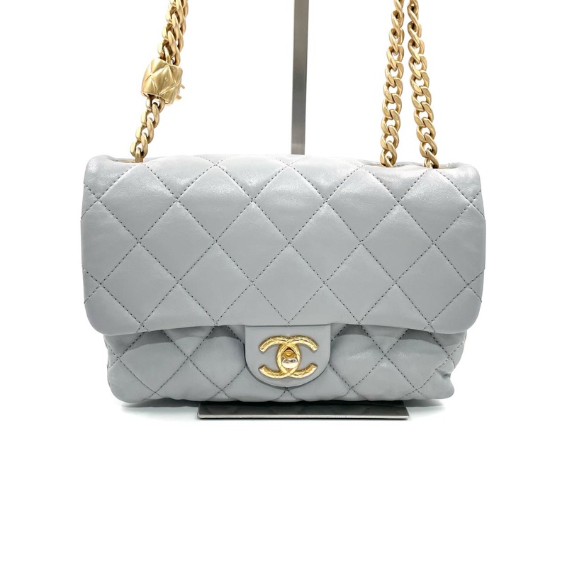 【極美私藏】Chanel 藍灰色金球23b小金柱菠蘿扣 晶片款風琴包-4