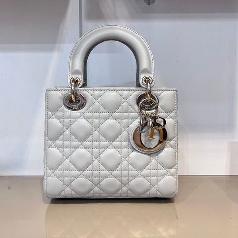 Dior 灰羊皮騰格Lady Dior小號淡金釦手提肩斜背包
