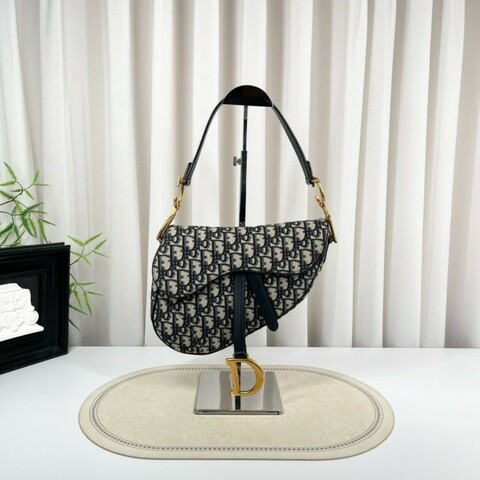 sh smd zzz DIOR迪奧 Saddle 老花滿印Oblique刺繡 藍色手提腋下馬鞍包 時尚百搭