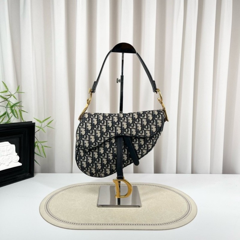 sh smd zzz DIOR迪奧 Saddle 老花滿印Oblique刺繡 藍色手提腋下馬鞍包 時尚百搭-5