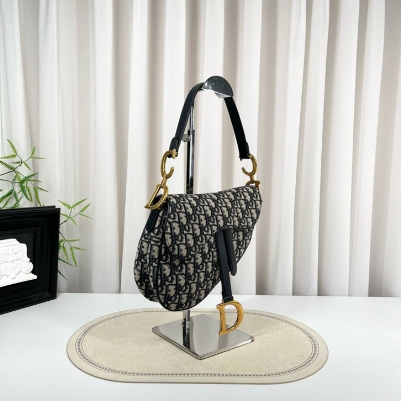 sh smd zzz DIOR迪奧 Saddle 老花滿印Oblique刺繡 藍色手提腋下馬鞍包 時尚百搭-6