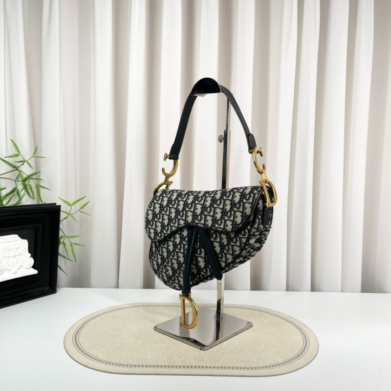 sh smd zzz DIOR迪奧 Saddle 老花滿印Oblique刺繡 藍色手提腋下馬鞍包 時尚百搭-7