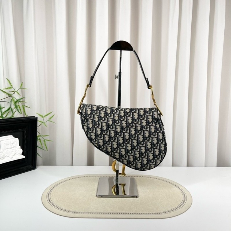 sh smd zzz DIOR迪奧 Saddle 老花滿印Oblique刺繡 藍色手提腋下馬鞍包 時尚百搭-9