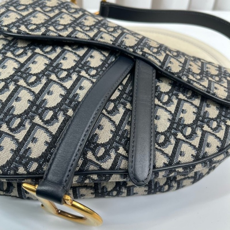 sh smd zzz DIOR迪奧 Saddle 老花滿印Oblique刺繡 藍色手提腋下馬鞍包 時尚百搭-11