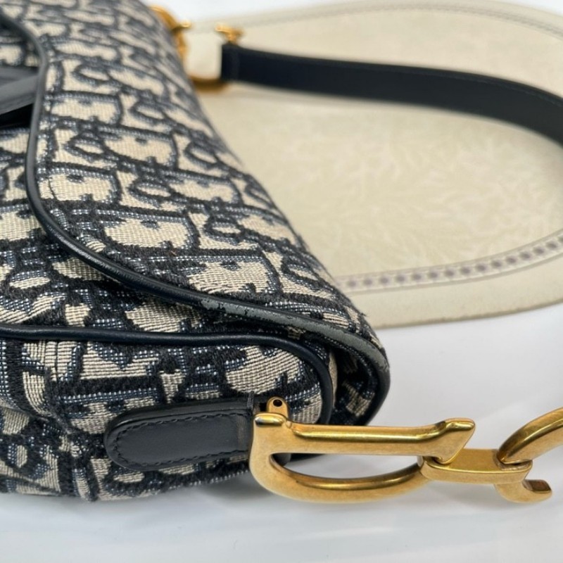 sh smd zzz DIOR迪奧 Saddle 老花滿印Oblique刺繡 藍色手提腋下馬鞍包 時尚百搭-12