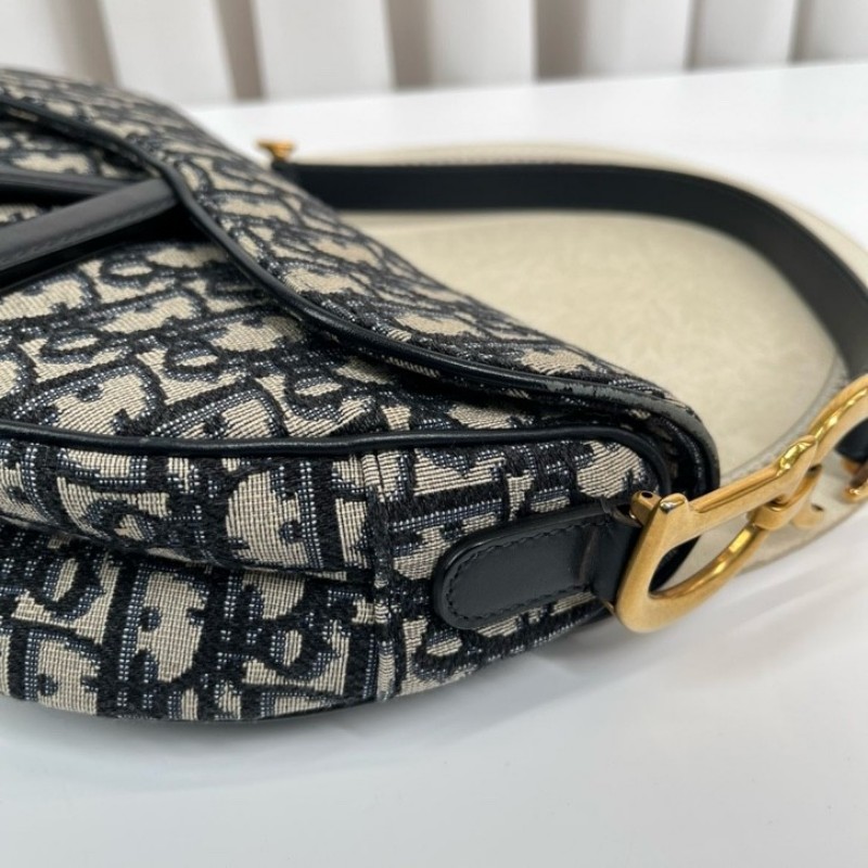 sh smd zzz DIOR迪奧 Saddle 老花滿印Oblique刺繡 藍色手提腋下馬鞍包 時尚百搭-13