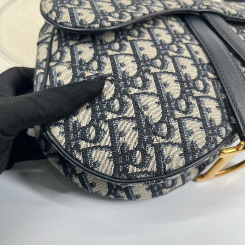sh smd zzz DIOR迪奧 Saddle 老花滿印Oblique刺繡 藍色手提腋下馬鞍包 時尚百搭-15