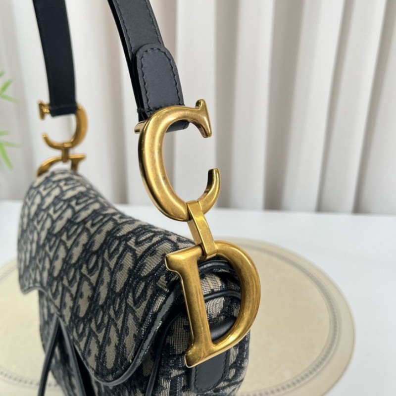 sh smd zzz DIOR迪奧 Saddle 老花滿印Oblique刺繡 藍色手提腋下馬鞍包 時尚百搭-20