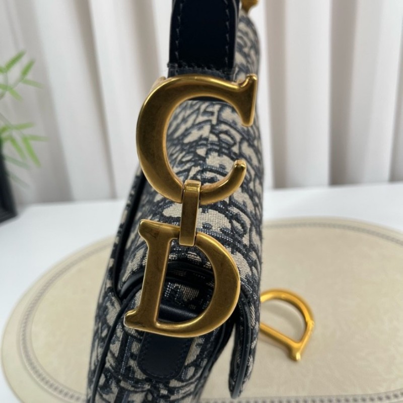 sh smd zzz DIOR迪奧 Saddle 老花滿印Oblique刺繡 藍色手提腋下馬鞍包 時尚百搭-22