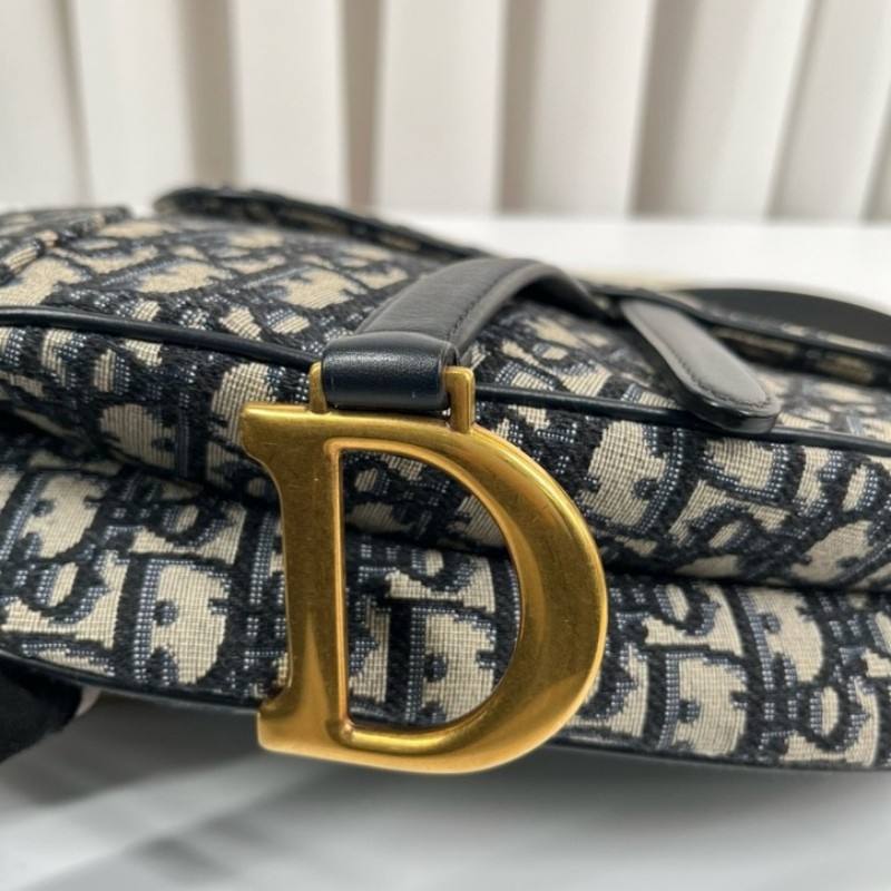 sh smd zzz DIOR迪奧 Saddle 老花滿印Oblique刺繡 藍色手提腋下馬鞍包 時尚百搭-23