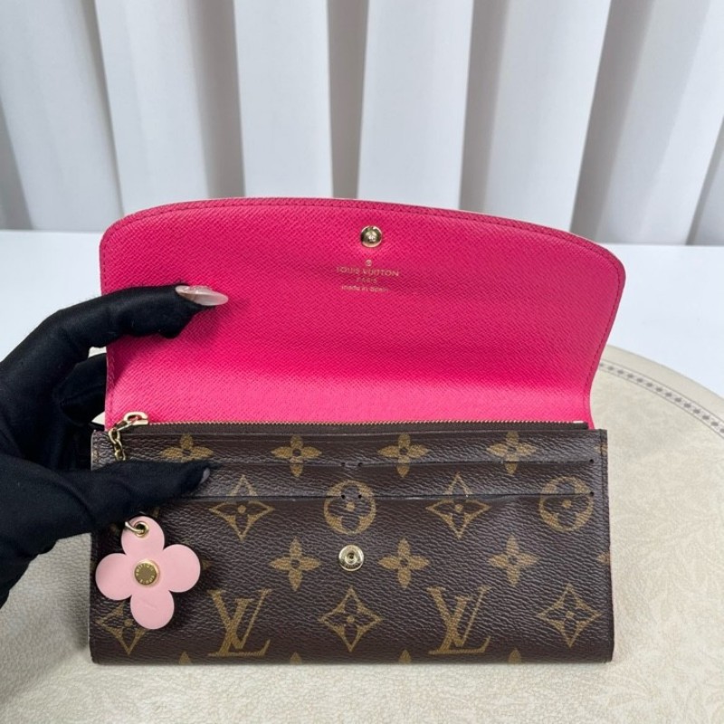 LV路易威登 經典老花logo小花長款錢包 玫紅色內裡 配小花裝飾 內裡卡位多 有隔層 容量大-1
