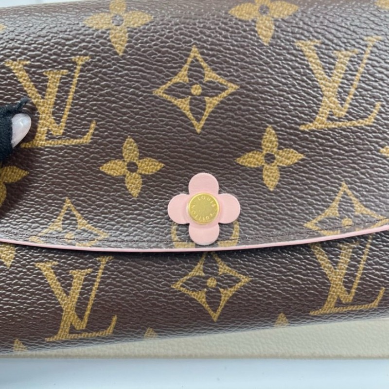 LV路易威登 經典老花logo小花長款錢包 玫紅色內裡 配小花裝飾 內裡卡位多 有隔層 容量大-6