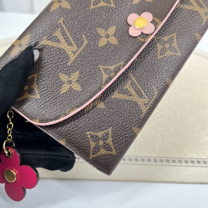LV路易威登 經典老花logo小花長款錢包 玫紅色內裡 配小花裝飾 內裡卡位多 有隔層 容量大-7