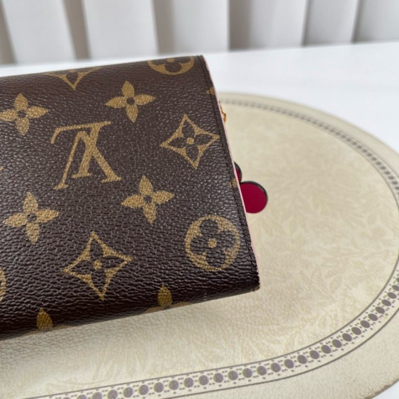 LV路易威登 經典老花logo小花長款錢包 玫紅色內裡 配小花裝飾 內裡卡位多 有隔層 容量大-10
