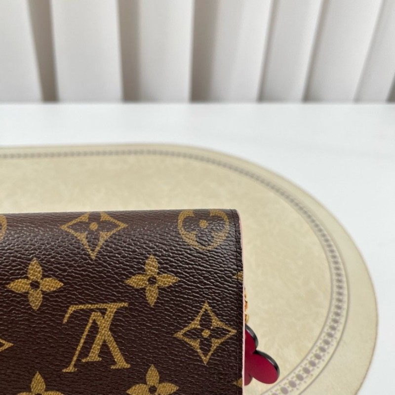 LV路易威登 經典老花logo小花長款錢包 玫紅色內裡 配小花裝飾 內裡卡位多 有隔層 容量大-13