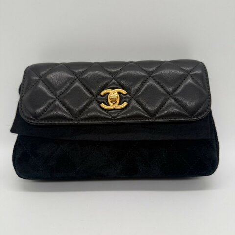 CHANEL 黑金菱格紋小羊皮馬鞍#芯片 25A