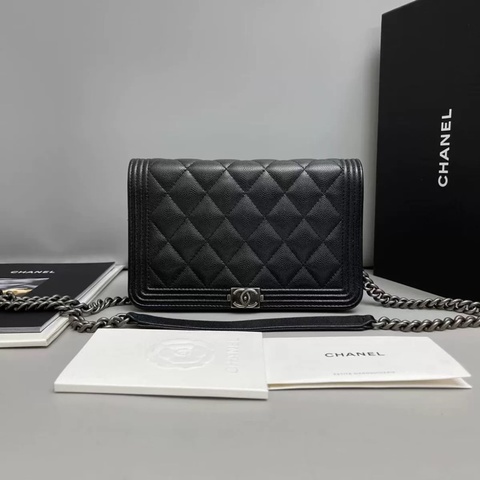 Chanel香奈兒 leboy黑銀牛皮荔枝紋woc  芯片款