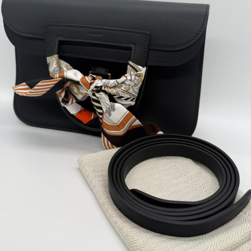 HERMES MINI HALZAN黑色配金釦手提肩背包#K刻-14