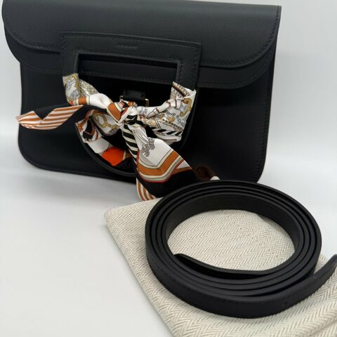 HERMES MINI HALZAN黑色配金釦手提肩背包#K刻