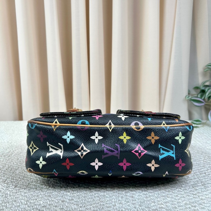 ZZZ LV路易威登黑三彩劍橋腋下包 棕色皮質肩帶 金色五金 雙扣設計四季通搭 單肩包手提包-4