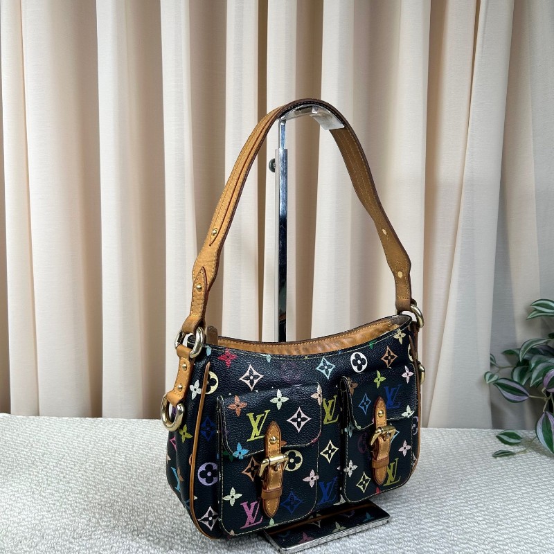 ZZZ LV路易威登黑三彩劍橋腋下包 棕色皮質肩帶 金色五金 雙扣設計四季通搭 單肩包手提包-6