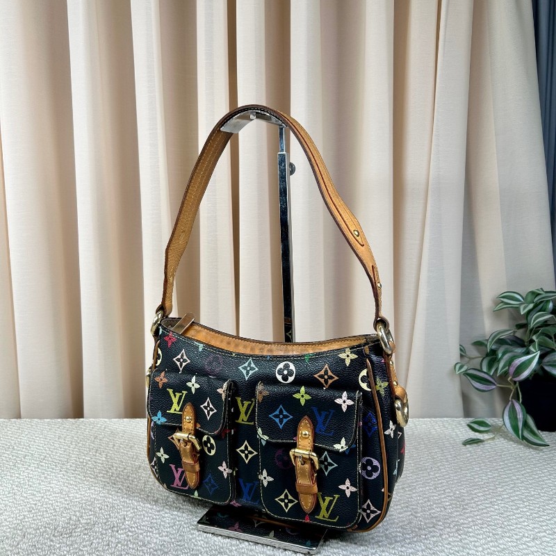 ZZZ LV路易威登黑三彩劍橋腋下包 棕色皮質肩帶 金色五金 雙扣設計四季通搭 單肩包手提包-7