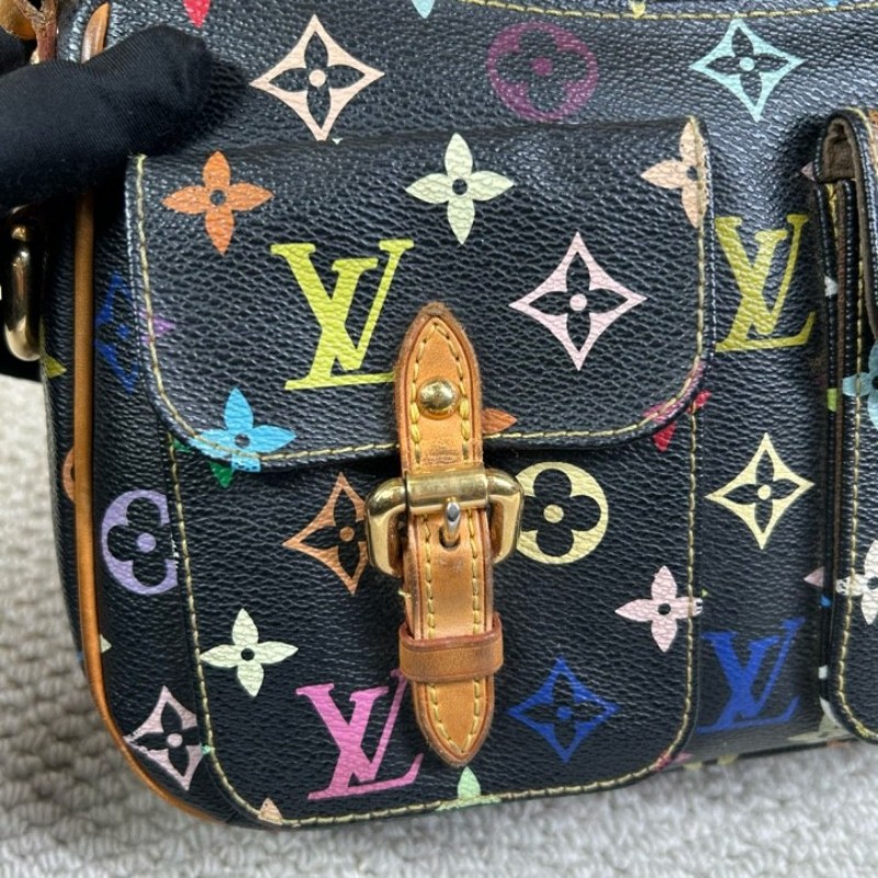 ZZZ LV路易威登黑三彩劍橋腋下包 棕色皮質肩帶 金色五金 雙扣設計四季通搭 單肩包手提包-9